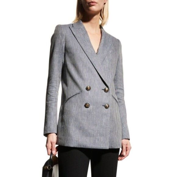 Veronica Beard Oria Linen Chevron Grey Double Breasted Dickey Jacket - Size 0 - Picture 1 of 13